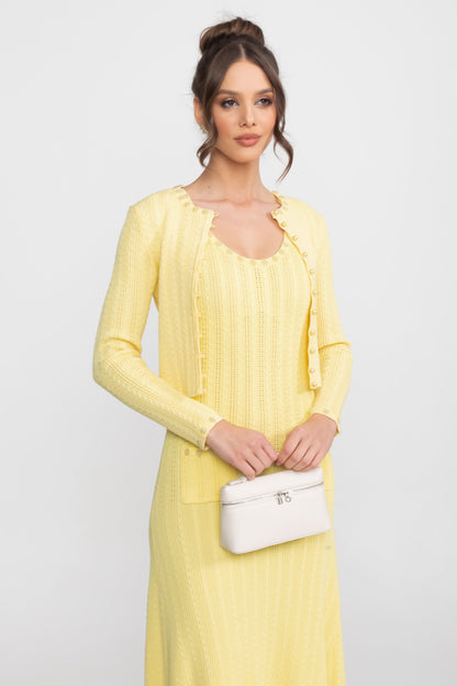 Ribbed Knit Dress & Cardigan Set | Women | Pearl Buttons | Yellow | Steven & Levon