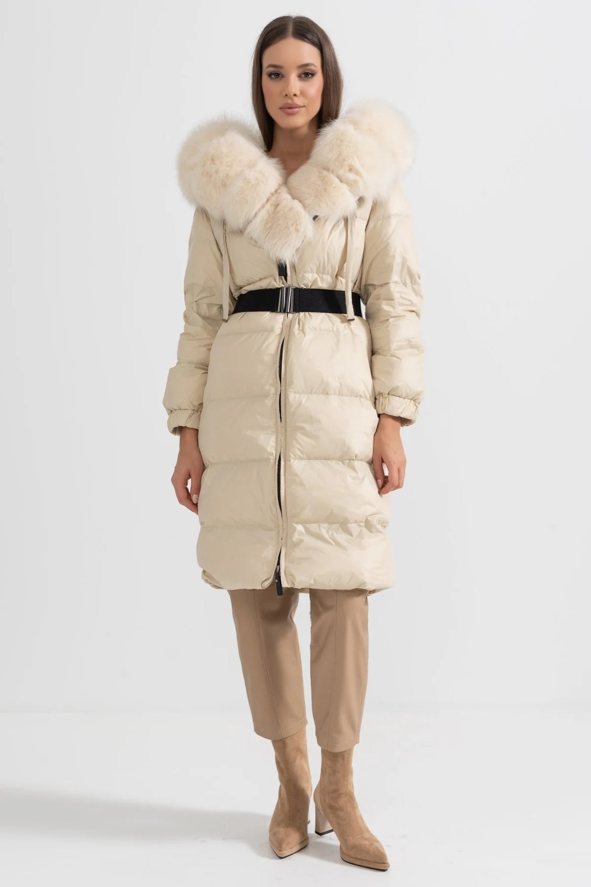 Long Puffer Jacket | Women's Quilted Puffer Coat | White Fur-Lined Hood, Ivoire Insulated Winter Outerwear | Steven & Levon