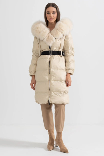 Long Puffer Jacket | Women's Quilted Puffer Coat | White Fur-Lined Hood, Ivoire Insulated Winter Outerwear | Steven & Levon