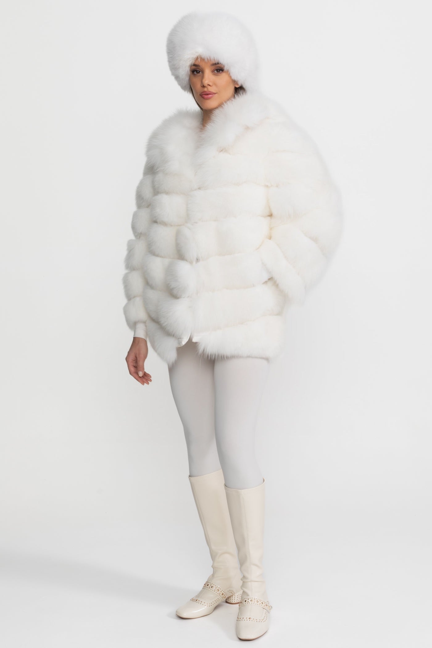 Tiered Fox Fur Jacket | Women's Luxury Fur Coat | Oversized Shawl Collar, White Statement Outerwear | Steven & Levon