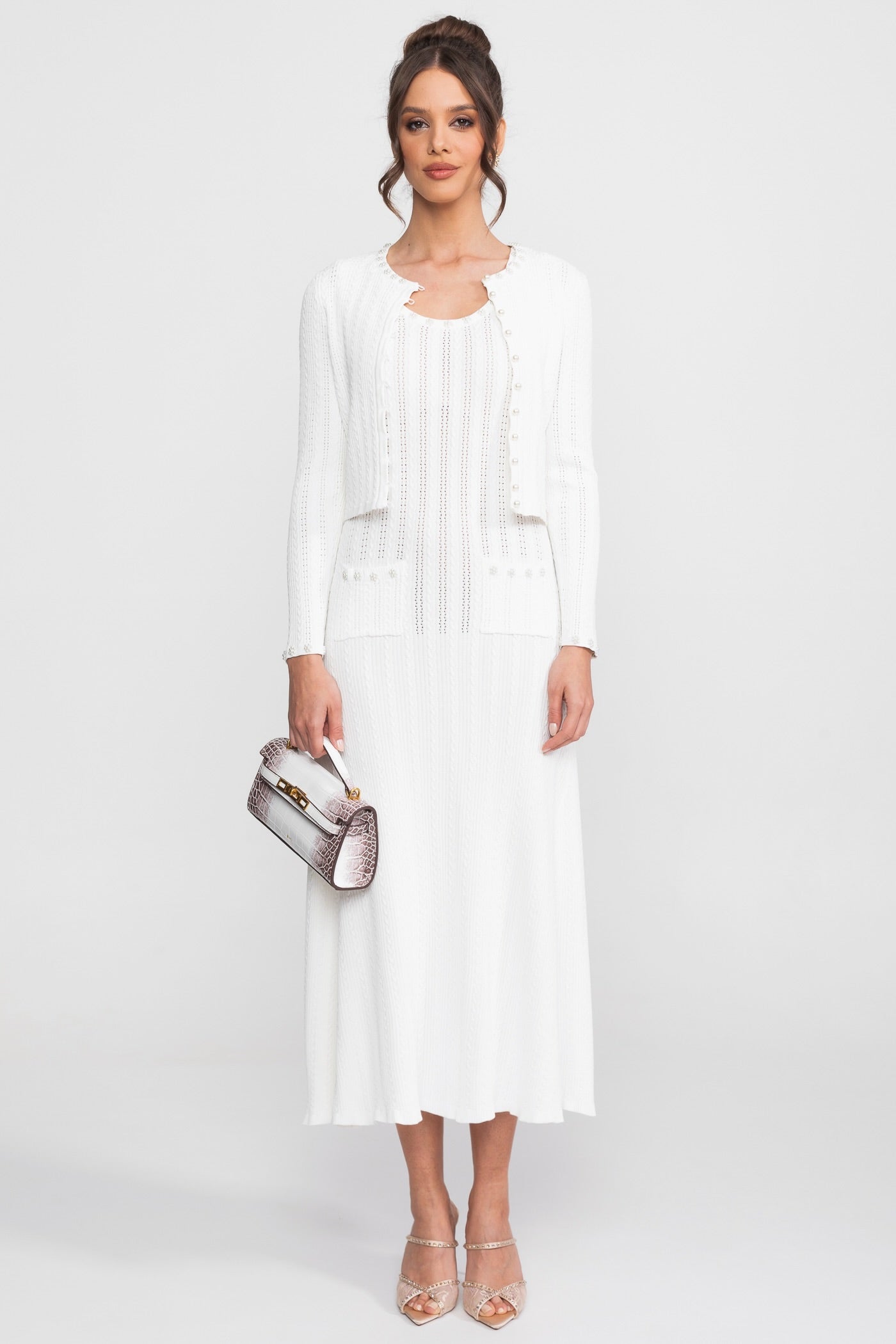 Ribbed Knit Dress & Cardigan Set | Women | Pearl Buttons | White | Steven & Levon