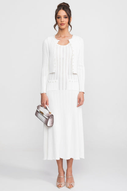 Ribbed Knit Dress & Cardigan Set | Women | Pearl Buttons | White | Steven & Levon