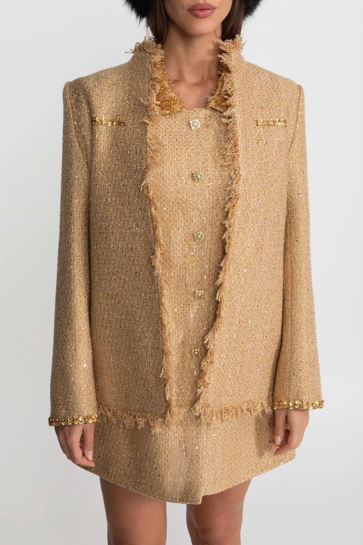 Women's Textured Tweed Overcoat | Sequin Embellishments, Fringe Trim | Gold Statement Coat | Steven & Levon