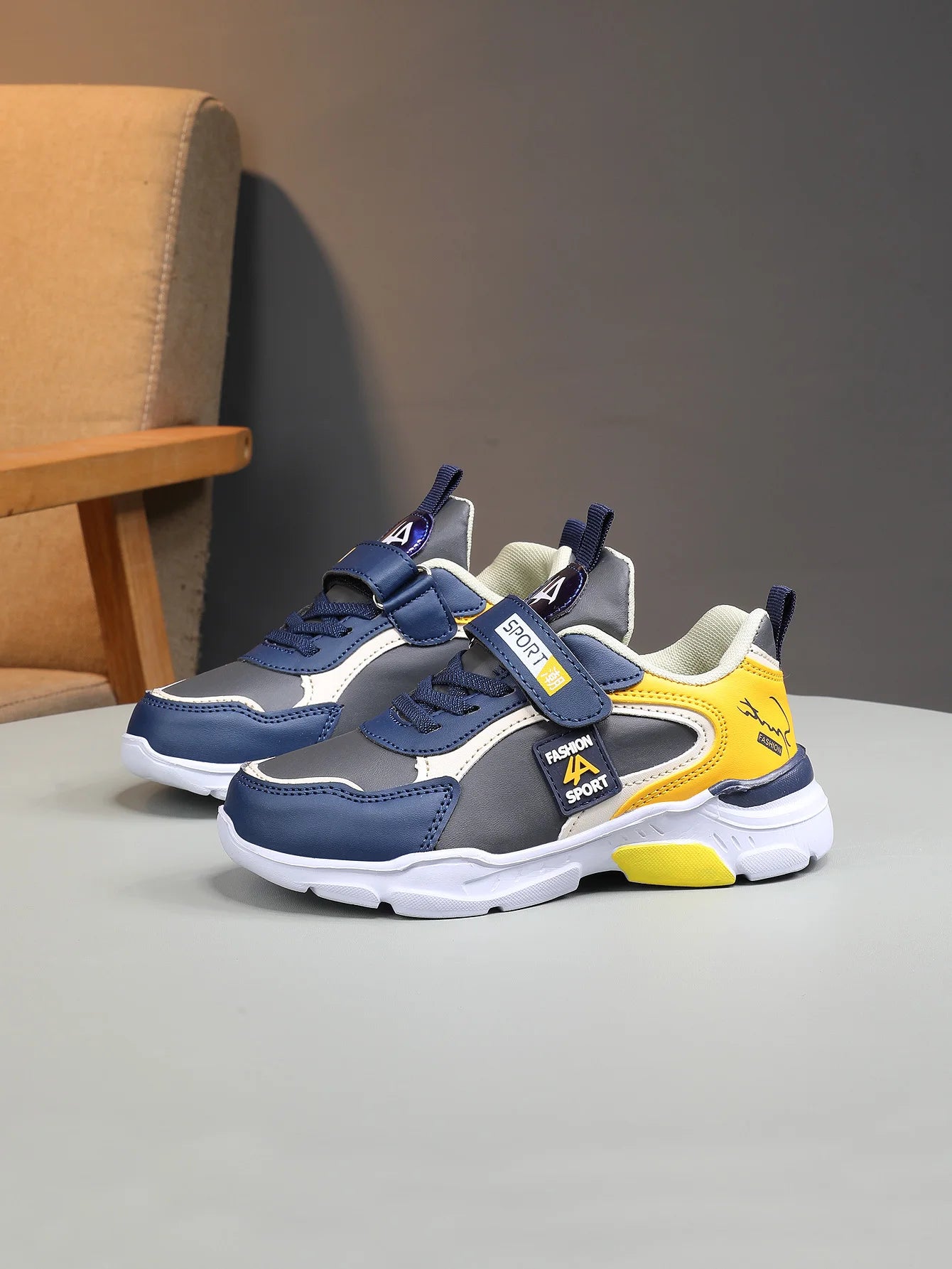 Kids Sports Sneakers | Boys | Breathable | Hook & Loop Strap | Non-Slip Running Shoes | Yellow | Steven & Levon