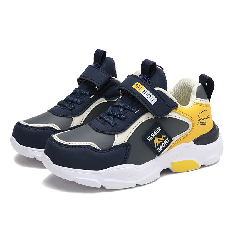 Kids Sports Sneakers | Boys | Breathable | Hook & Loop Strap | Non-Slip Running Shoes | Yellow | Steven & Levon