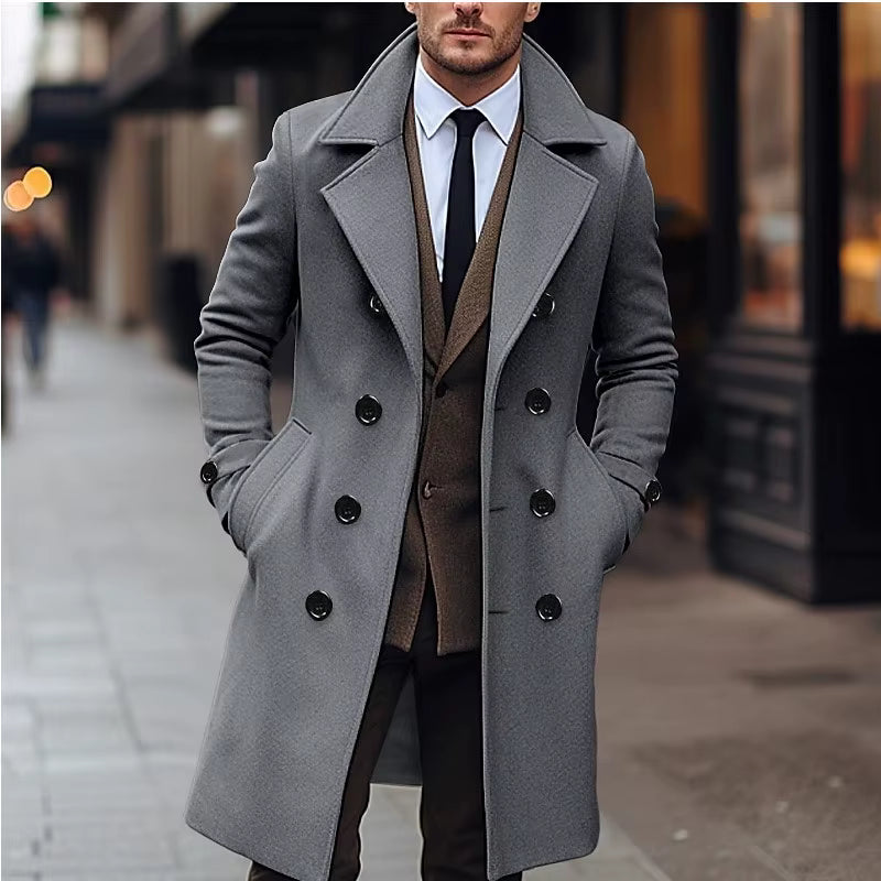 Wool Blend Double Breasted Long Trench | Men Peacoat | Business Casual | Steven & Levon