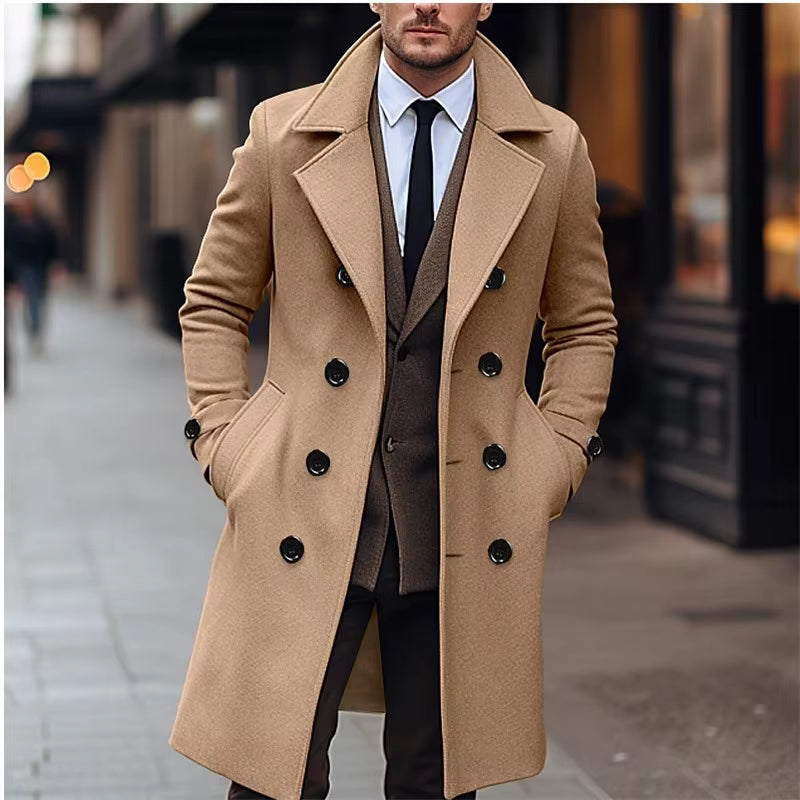 Wool Blend Double Breasted Long Trench | Men Peacoat | Business Casual | Steven & Levon