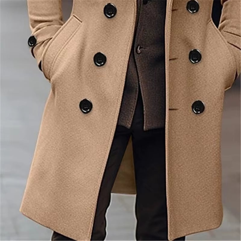 Wool Blend Double Breasted Long Trench | Men Peacoat | Business Casual | Steven & Levon