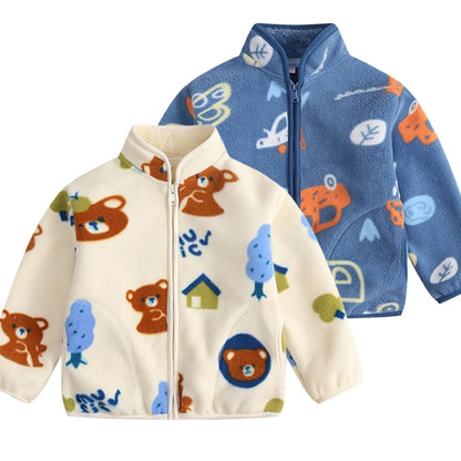 Kids Bear Print Fleece Jacket | Boys & Girls | Zip Up | Plush Winter Coat | Warm Outerwear | Steven & Levon