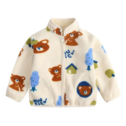 Kids Bear Print Fleece Jacket | Boys & Girls | Zip Up | Plush Winter Coat | Warm Outerwear | Steven & Levon