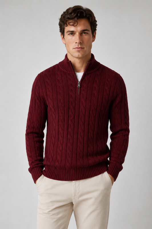 Men's Cable Knit Quarter Zip Sweater | Mock Neck | Long Sleeve | Warm Knit | Steven & Levon