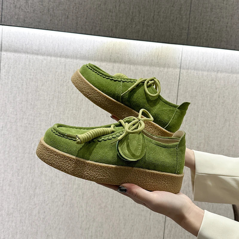 Suede Loafers | Women | Genuine Leather | Lace-Up | British Style | Army Green | Steven & Levon