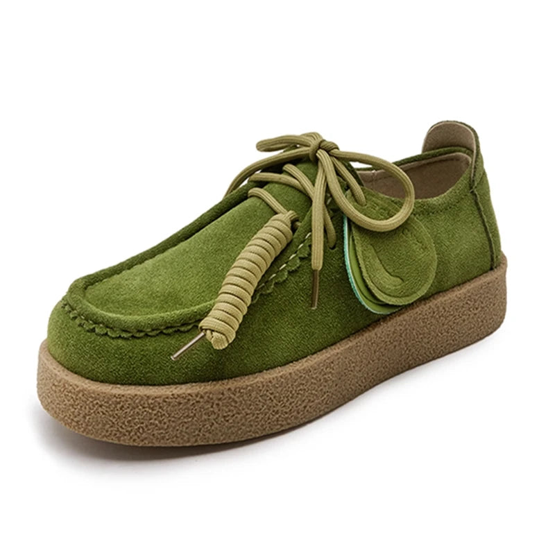 Suede Loafers | Women | Genuine Leather | Lace-Up | British Style | Army Green | Steven & Levon