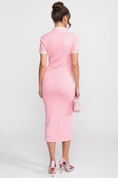 Ribbed Knit Midi Dress | Women | Contrast Trim | Decorative Pockets | Pink | Steven & Levon