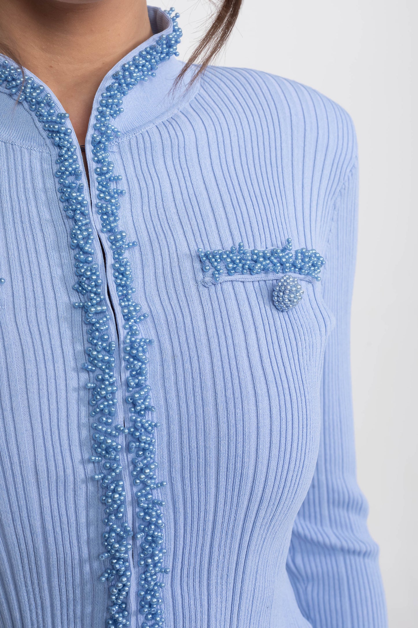 Ribbed Knit Set | Women | Beaded Embellished | Blue | Steven & Levon