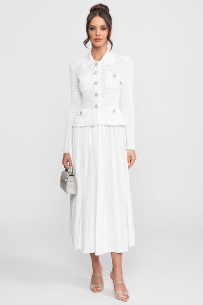 Open Knit Cardigan & Pleated Midi Skirt Co-Ord Set | Women | White | Soft Knit | Steven & Levon