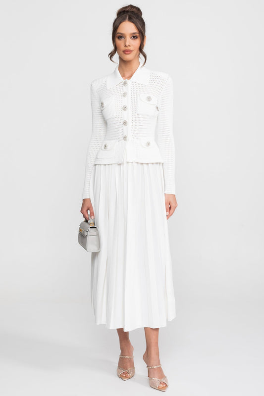 Open Knit Cardigan & Pleated Midi Skirt Co-Ord Set | Women | White | Soft Knit | Steven & Levon
