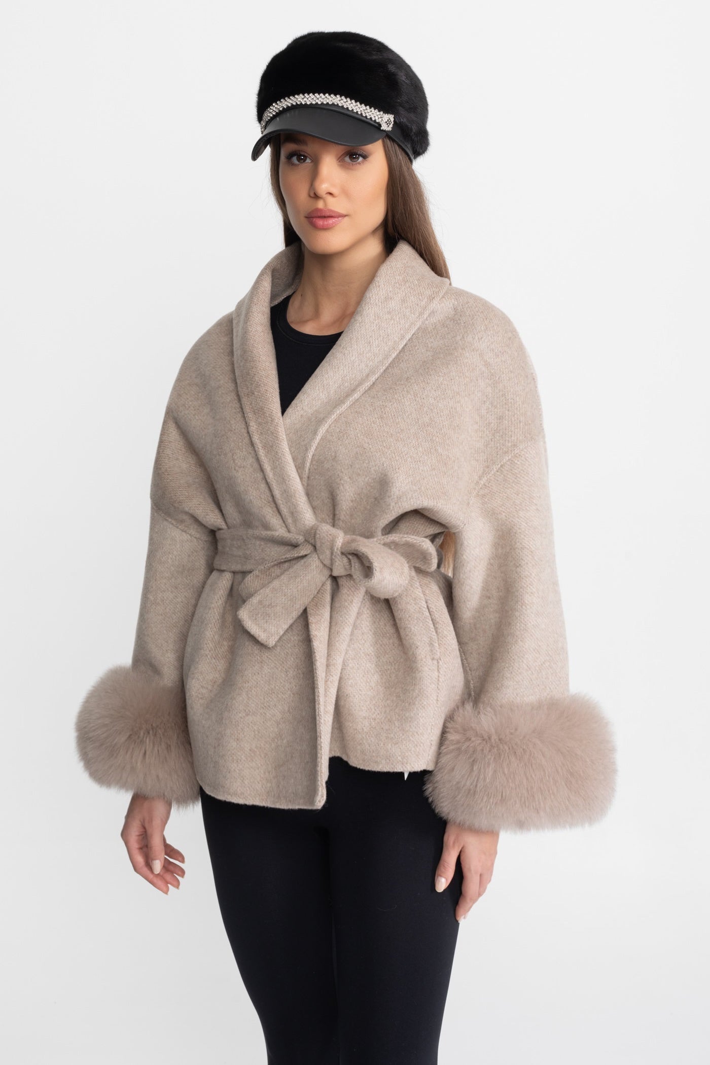 Women's Wool Blend Wrap Jacket | Fox Fur Cuffs | Belted Beige Coat | Steven & Levon