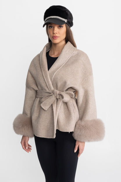 Women's Wool Blend Wrap Jacket | Fox Fur Cuffs | Belted Beige Coat | Steven & Levon