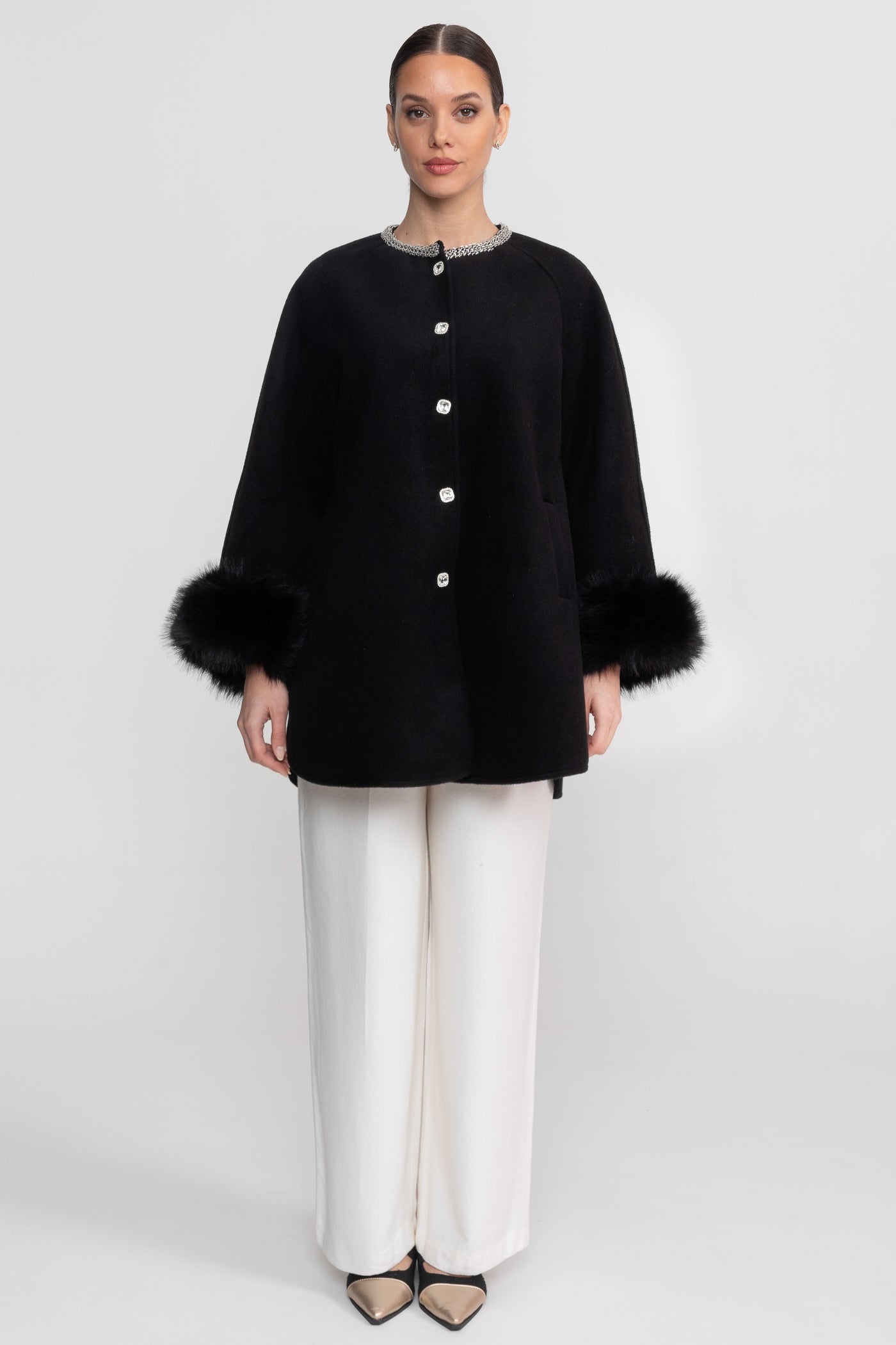 Women's Longline Jacket | Pearl Neckline | Fox Fur Cuffs | Black Winter Coat | Steven & Levon