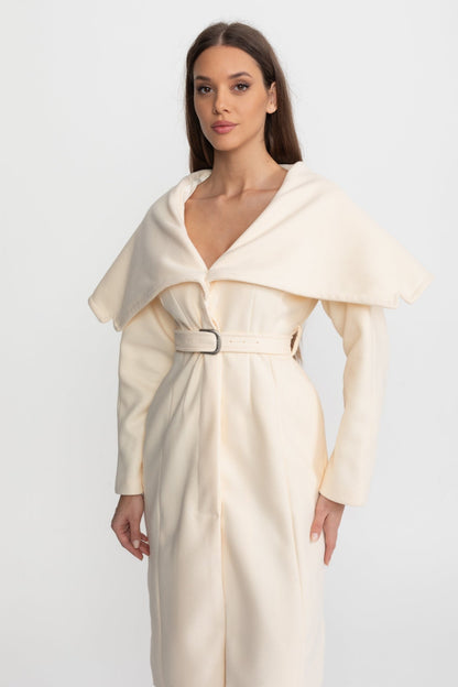 Women's Long Wool Blend Coat | Cape Collar, Belted Waist | Ivoire Longline Winter Coat | Steven & Levon