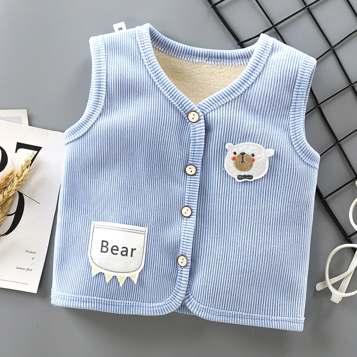 Kids Fleece Lined Vest | Boys & Girls | Corduroy | Bear Patch | Winter Outerwear | Steven & Levon