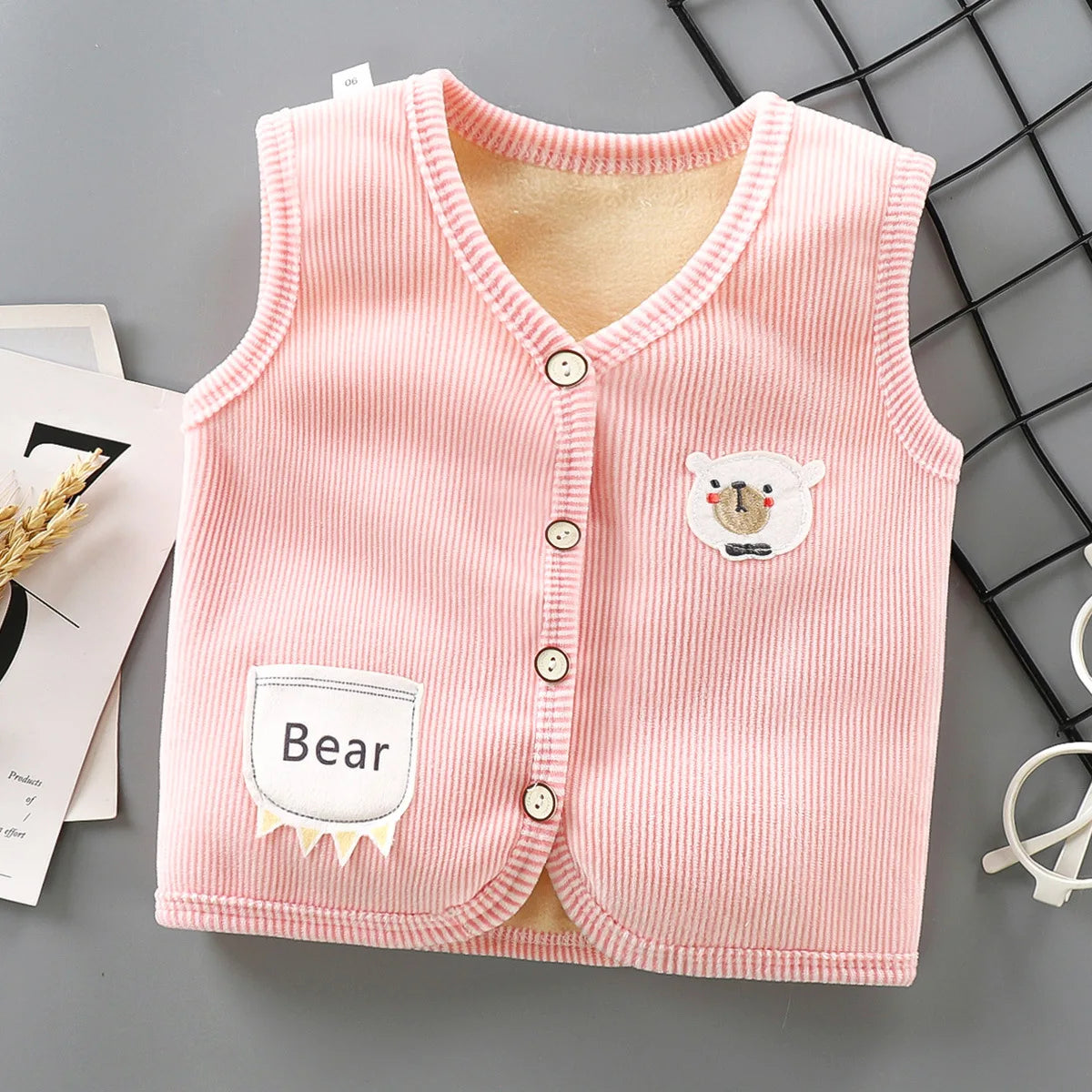 Kids Fleece Lined Vest | Boys & Girls | Corduroy | Bear Patch | Winter Outerwear | Steven & Levon