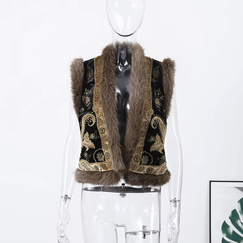 Women's Embroidered Vest | Faux Fur Trim | Boho Sleeveless | Steven & Levon