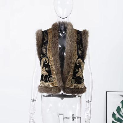 Women's Embroidered Vest | Faux Fur Trim | Boho Sleeveless | Steven & Levon