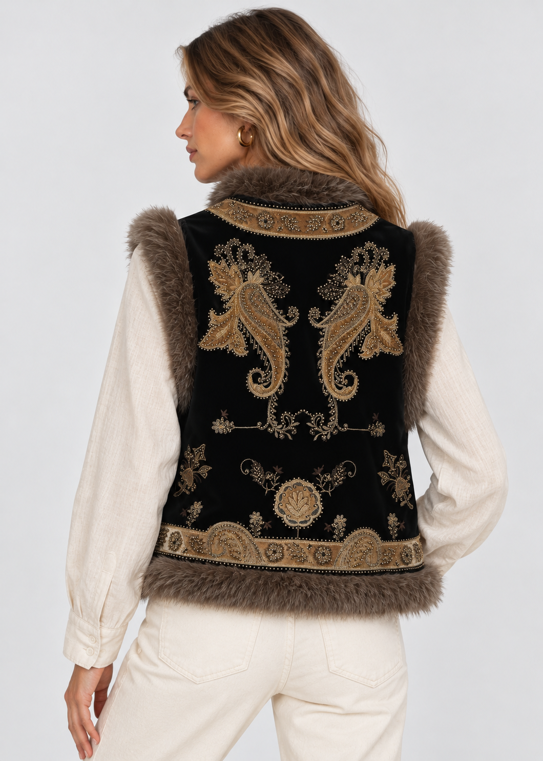 Women's Embroidered Waistcoat | Faux Fur Trim | Vintage Style | Steven & Levon