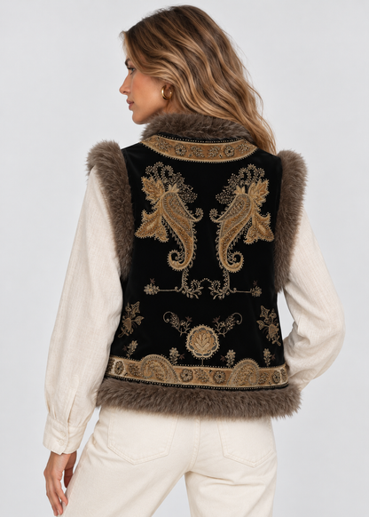 Women's Embroidered Waistcoat | Faux Fur Trim | Vintage Style | Steven & Levon