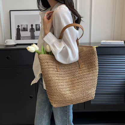 Women's Hand-Woven Straw Tote Bag | Shoulder Shopper | Khaki | Summer Travel | Steven & Levon