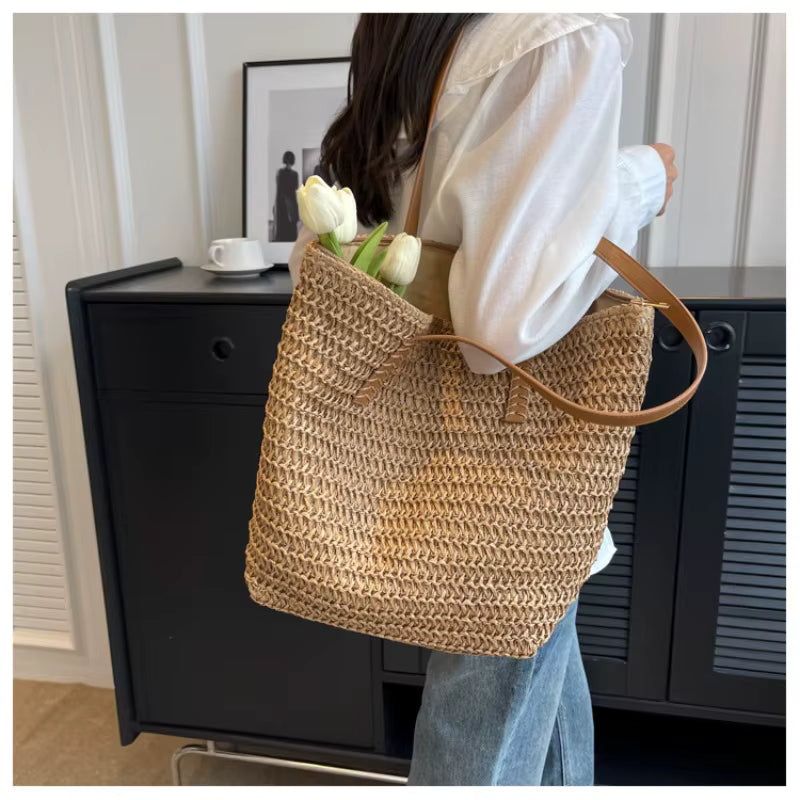 Women's Hand-Woven Straw Tote Bag | Shoulder Shopper | Khaki | Summer Travel | Steven & Levon