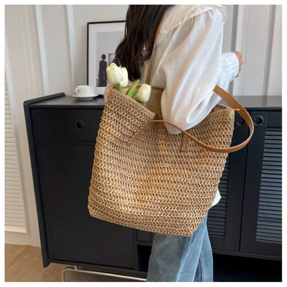 Women's Hand-Woven Straw Tote Bag | Shoulder Shopper | Khaki | Summer Travel | Steven & Levon