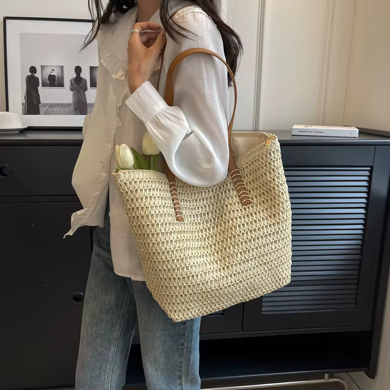 Women's Hand-Woven Straw Tote Bag | Shoulder Shopper | Khaki | Summer Travel | Steven & Levon