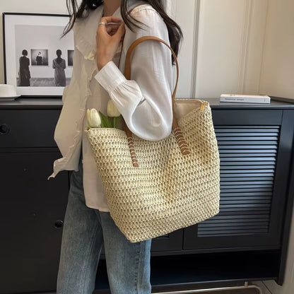 Women's Hand-Woven Straw Tote Bag | Shoulder Shopper | Khaki | Summer Travel | Steven & Levon