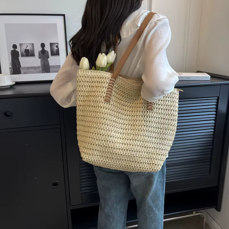 Women's Hand-Woven Straw Tote Bag | Shoulder Shopper | Khaki | Summer Travel | Steven & Levon