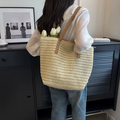 Women's Hand-Woven Straw Tote Bag | Shoulder Shopper | Khaki | Summer Travel | Steven & Levon