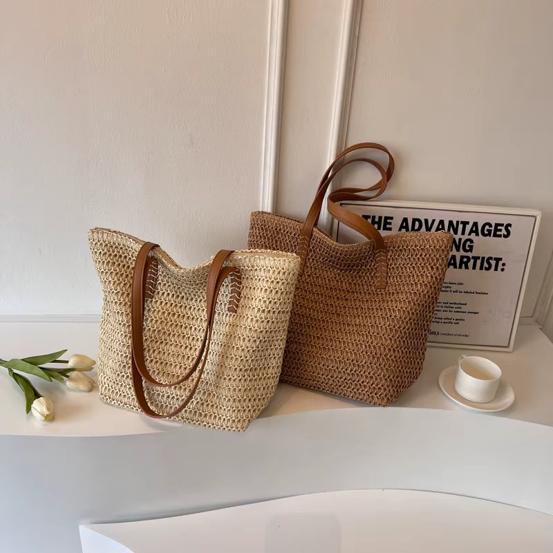 Women's Hand-Woven Straw Tote Bag | Shoulder Shopper | Khaki | Summer Travel | Steven & Levon