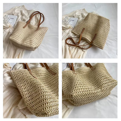 Women's Hand-Woven Straw Tote Bag | Shoulder Shopper | Khaki | Summer Travel | Steven & Levon