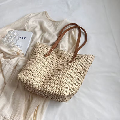 Women's Hand-Woven Straw Tote Bag | Shoulder Shopper | Khaki | Summer Travel | Steven & Levon
