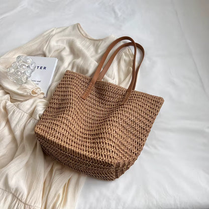 Women's Hand-Woven Straw Tote Bag | Shoulder Shopper | Khaki | Summer Travel | Steven & Levon