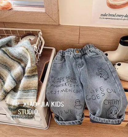 Kids Loose Fit Denim Pants | Boys | Elastic Waist | Large Pocket Jeans | Casual | Steven & Levon