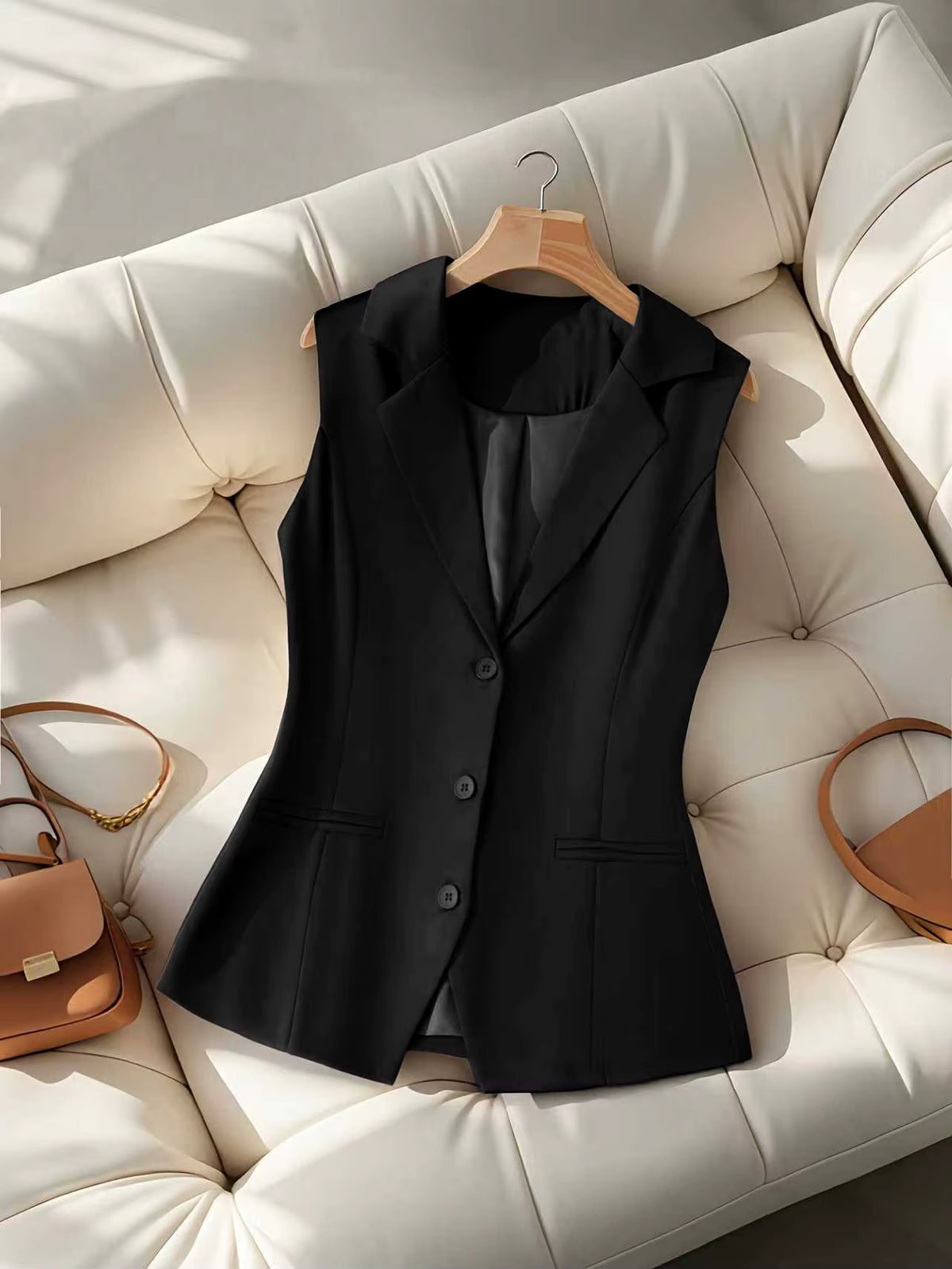 Women's Brown Tailored Waistcoat | Sleeveless Lapel Button Vest | Steven & Levon