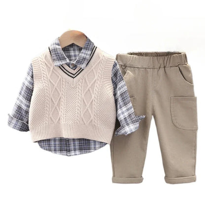 Baby Boys 3-Piece Outfit Set | Plaid Shirt | Knit Vest | Cotton Pants | Casual | Steven & Levon