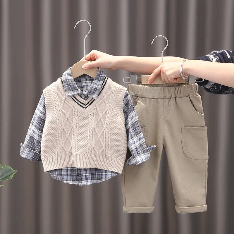 Baby Boys 3-Piece Outfit Set | Plaid Shirt | Knit Vest | Cotton Pants | Casual | Steven & Levon