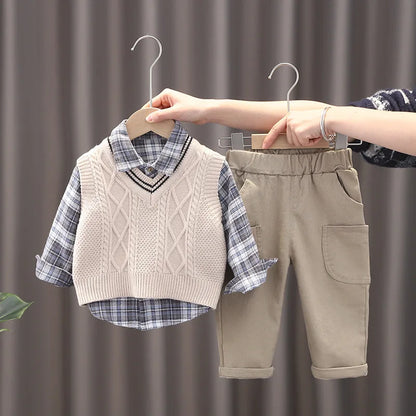 Baby Boys 3-Piece Outfit Set | Plaid Shirt | Knit Vest | Cotton Pants | Casual | Steven & Levon