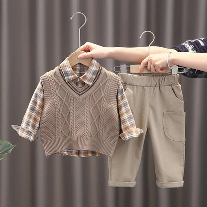 Baby Boys 3-Piece Outfit Set | Plaid Shirt | Knit Vest | Cotton Pants | Casual | Steven & Levon