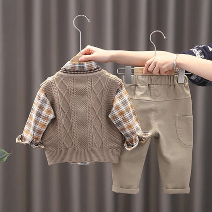 Baby Boys 3-Piece Outfit Set | Plaid Shirt | Knit Vest | Cotton Pants | Casual | Steven & Levon