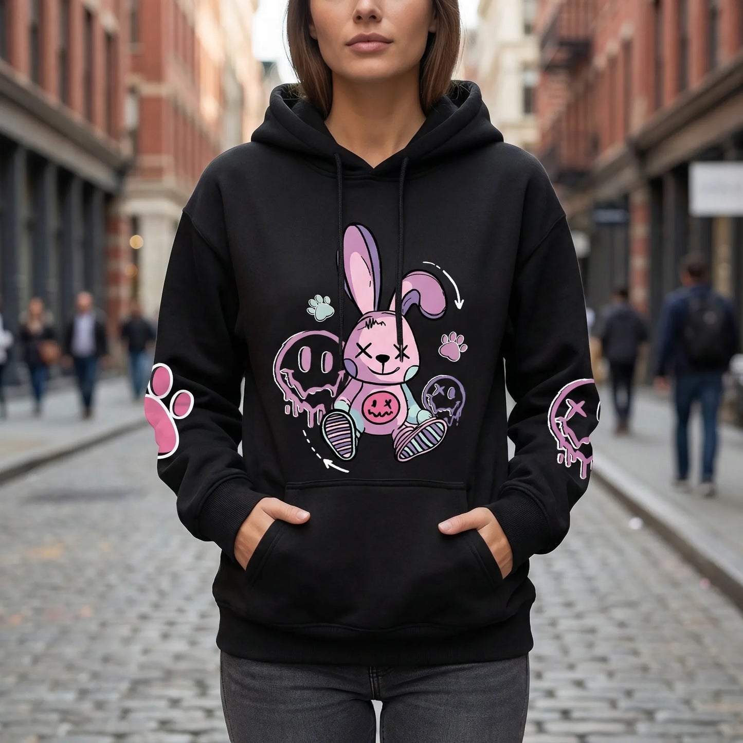 Bunnikova - Oversized Graphic Print Hoodie  Casual Street Styling